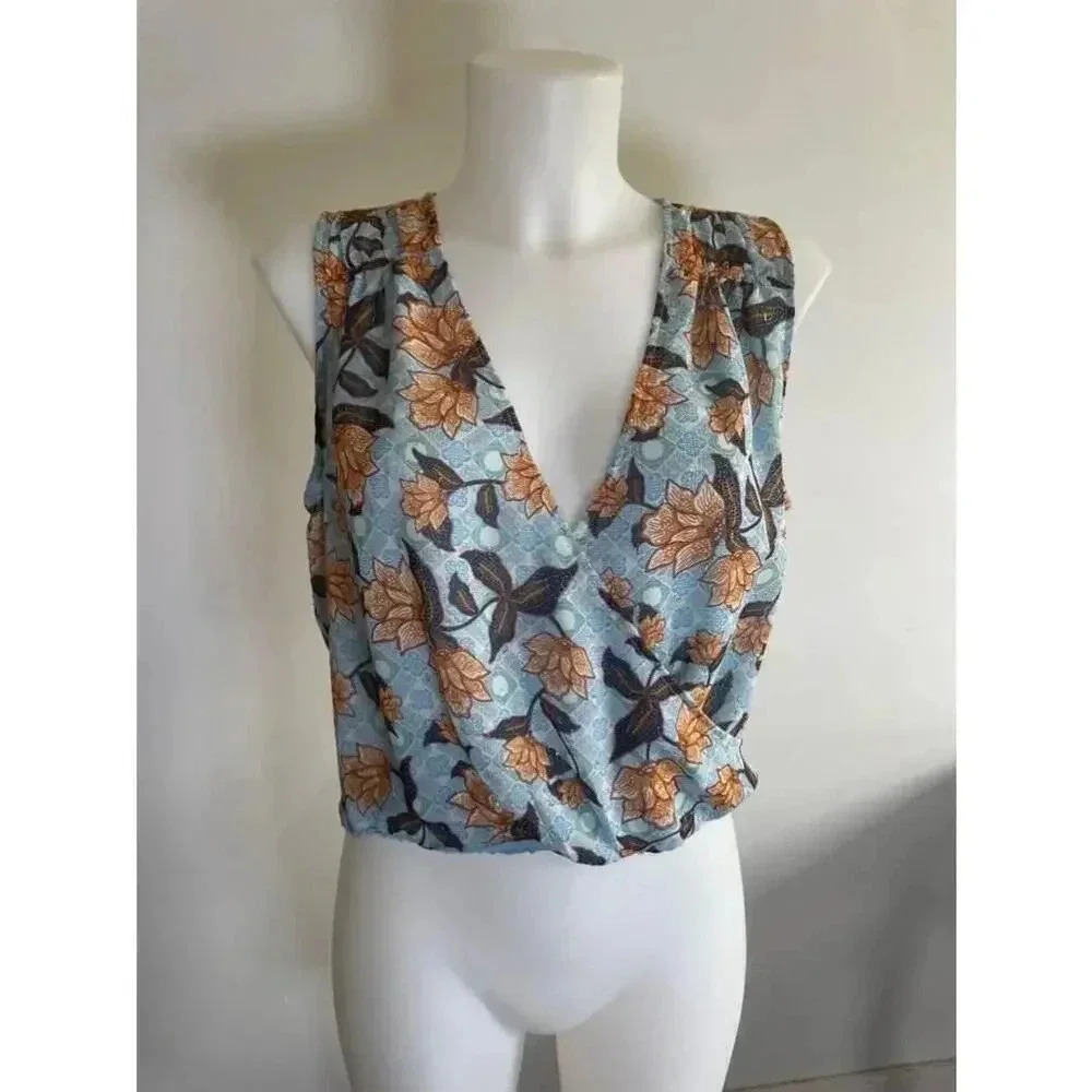 NWT Rachel Zoe Blue Floral Wrap Top Size M Lotus Gold Thread 0159